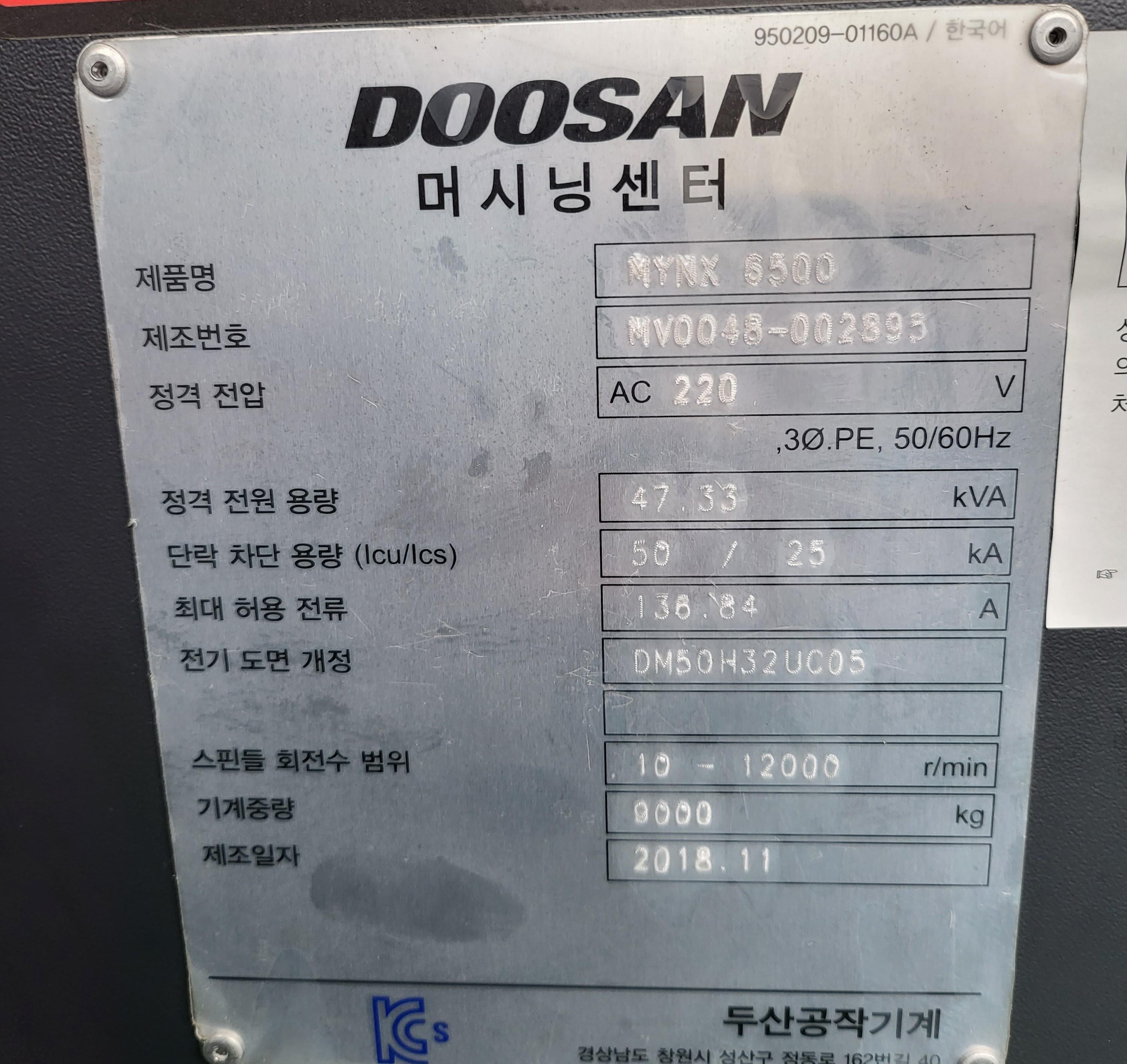 DOOSAN MCT MYNX6500 BT40 12K 2018